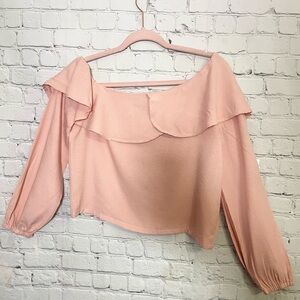 Light Pink Ruffle Crop Top Ling Sleeve Shirt X-Small